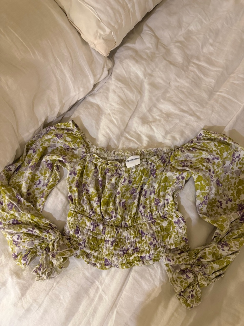 Smocked Off-Shoulder Floral Crop Top in Green & Purple